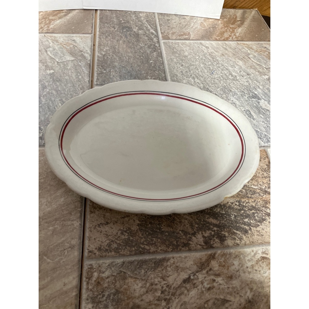 Vintage Shenango China Oval Serving Platter White Red Black Pinstripe 11.5 Inch